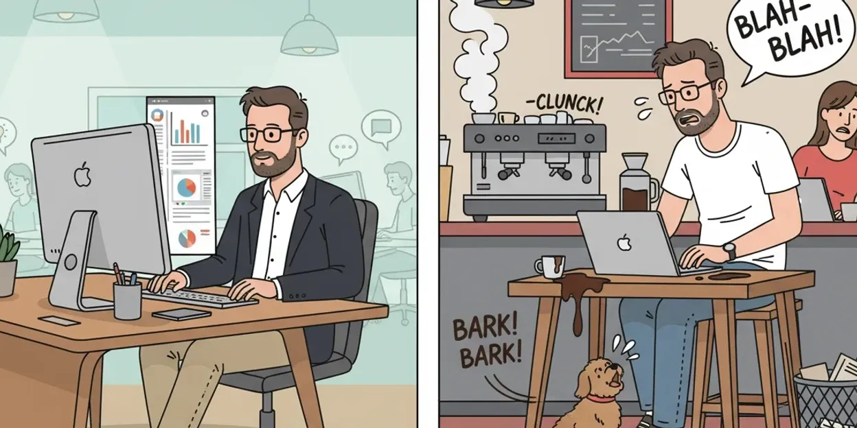 split illustration comparing a calm coworking space with a noisy cafe for remote work