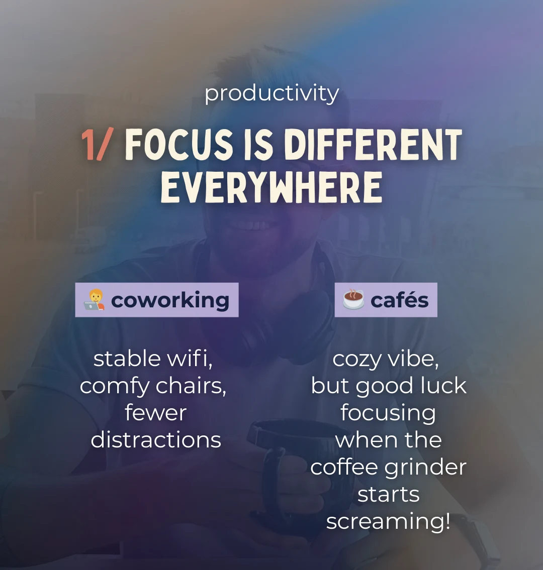 coworking has stable wifi and fewer distractions while cafes have cozy vibe and coffee grinder noise