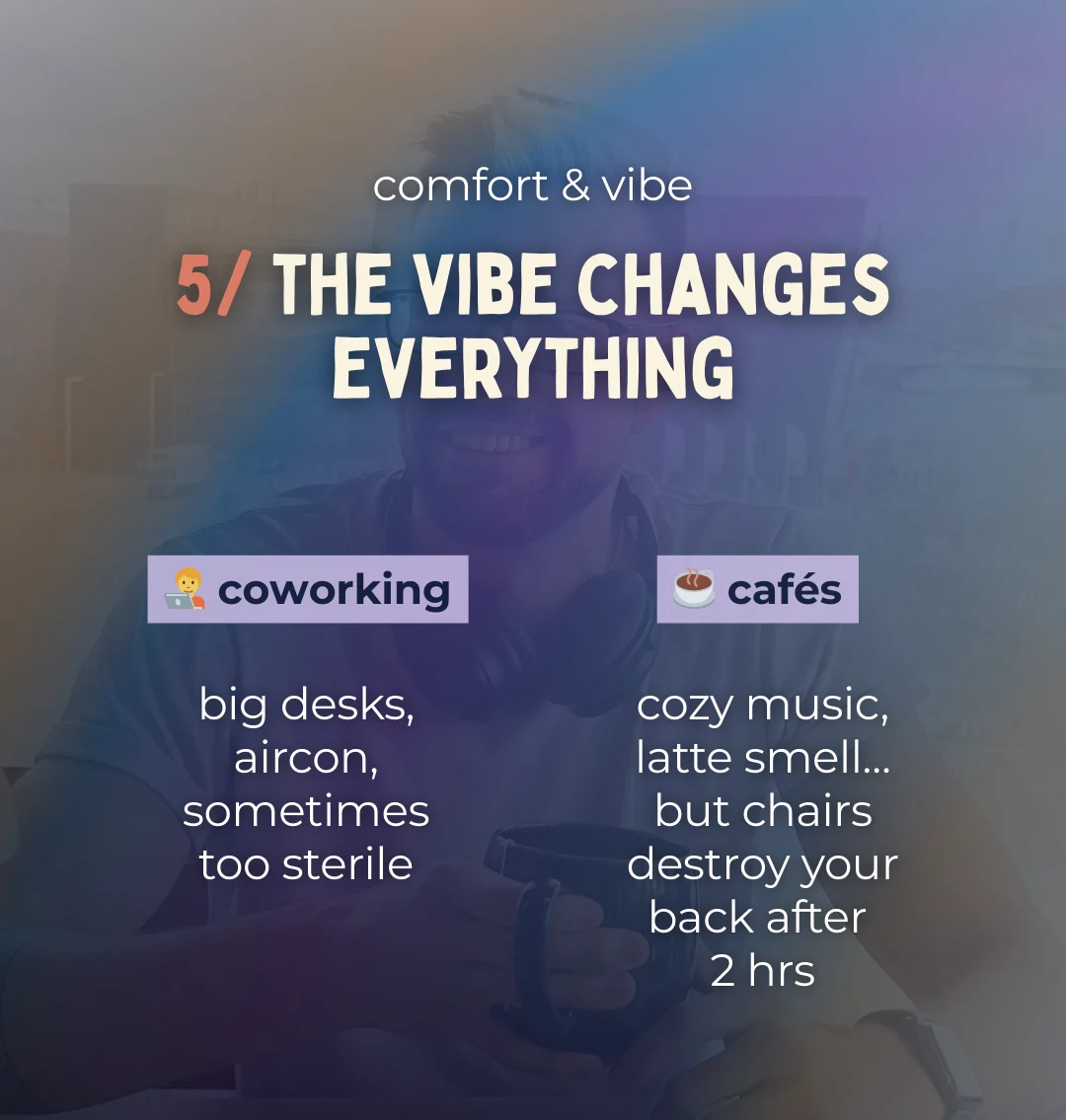coworking offers bigger desks and air conditioning while cafes offer music and atmosphere but worse chairs