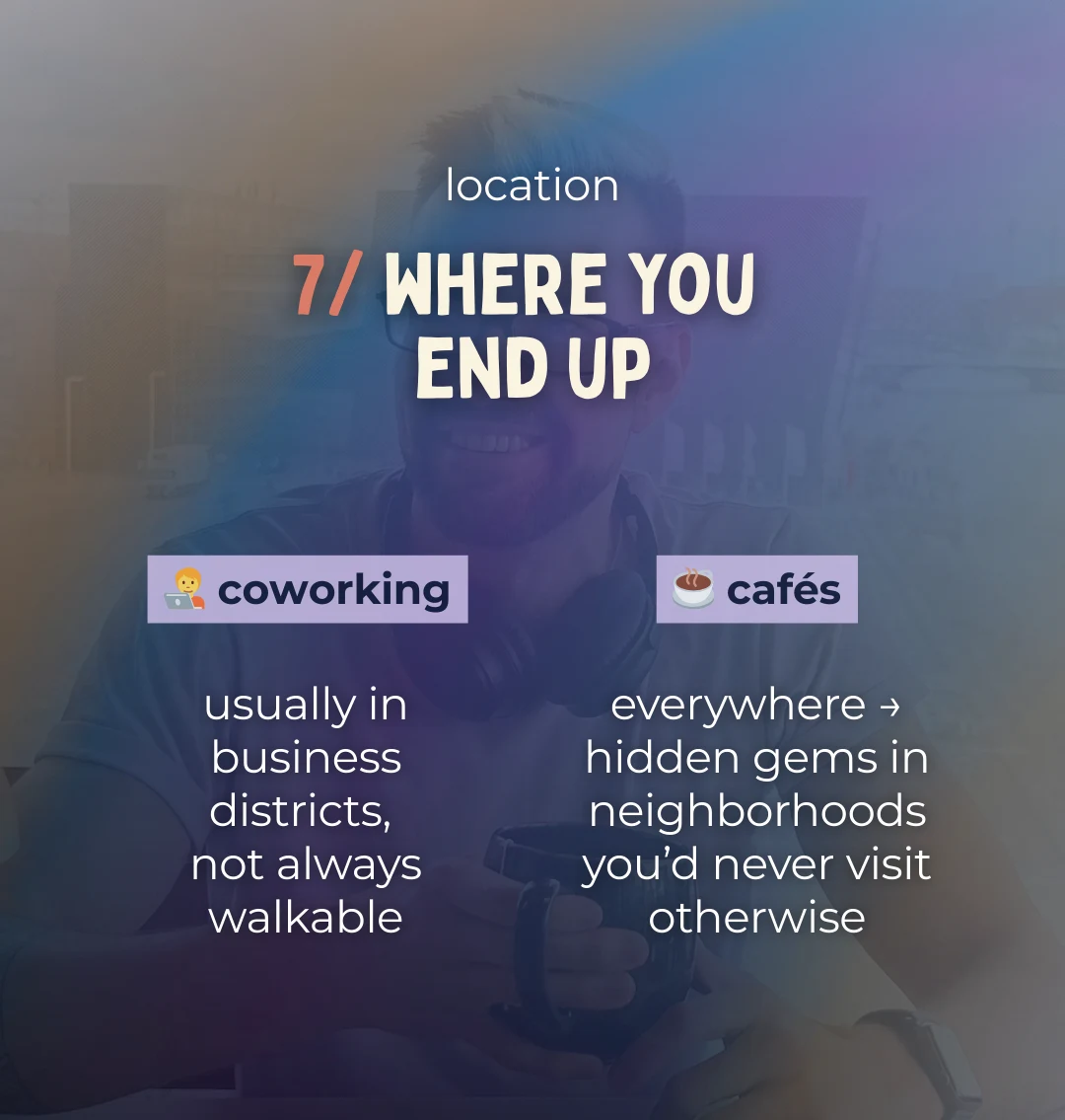 coworking is often in business districts while cafes help you discover neighborhoods