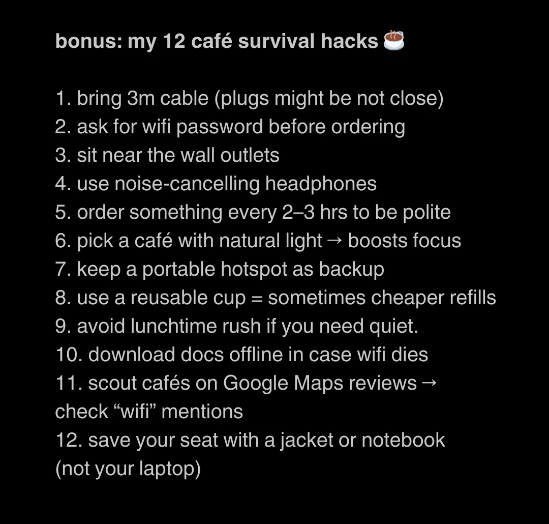 andrey's 12 cafe survival hacks for remote work including long cable, wifi password, outlets, headphones, and hotspot backup